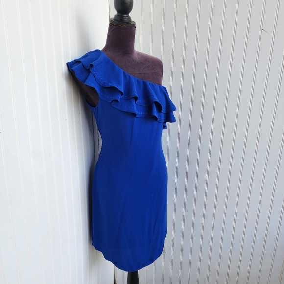 APT. 9 Women's One Shoulder Embroidered Ruffle Dress Blue Lined $54 Royal Sz M - Picture 3 of 11